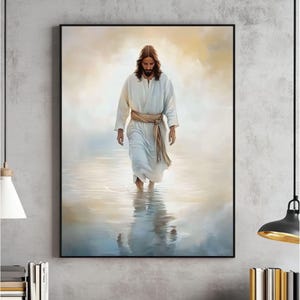 Jesus Christ Walking on Water Wall Art, Christian Art, Digital Jesus Portrait, I Will Walk With Christ LDS, Jesus Oil Painting, Bible Verse