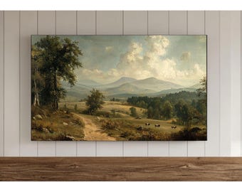 May include: A painting depicting a rural landscape with rolling hills, a winding dirt road, and a small herd of cows grazing in a field. The sky is cloudy and the colors are muted, giving the painting a nostalgic feel.