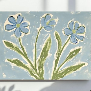 Puede incluir: Una pintura de tres flores azules con tallos y hojas verdes sobre un fondo azul claro.