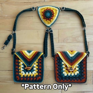 Puede incluir: Un patrón de crochet para un par de bolsos con una pieza triangular superior. Los bolsos están hechos con una variedad de colores, incluyendo amarillo, naranja, verde y marrón. Los bolsos están unidos a un juego de correas. El texto "*Pattern Only*" está impreso debajo de los bolsos.