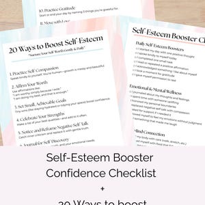 Könnte beinhalten: Eine Sammlung von Selbsthilfe-Arbeitsblättern, darunter "20 Wege zur Steigerung des Selbstwertgefühls" und eine "Selbstwertgefühl-Booster-Checkliste". Die Seiten haben ein weiches Pastellfarbschema und enthalten Aufzählungslisten.