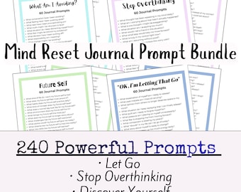 Puede incluir: Un paquete de indicaciones para el diario con títulos como "¿Qué estoy evitando?" y "Deja de pensar demasiado". La imagen presenta varias tarjetas con indicaciones y el texto "240 indicaciones poderosas" y "Mind Reset Journal Prompt Bundle".