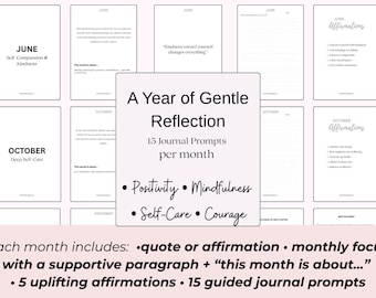 Suggerimenti per il diario di 12 mesi / Mindfulness, cura di sé, positività / Riflessione guidata e affermazioni / PDF stampabile
