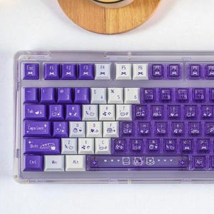 May include: A clear, purple and white mechanical keyboard with a variety of keycaps. The keyboard has a volume knob and a clear case. A cup of coffee sits on a wooden coaster in the background.