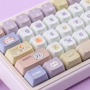 May include: A pastel-colored keyboard with custom keycaps. The keycaps feature various designs, including musical notes, food, and cartoon characters. The keyboard is set against a soft purple background, creating a visually appealing aesthetic.