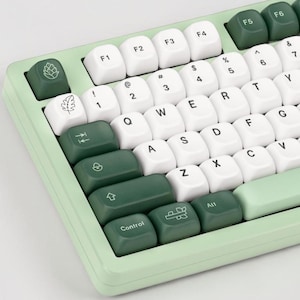 May include: A mint green mechanical keyboard with white and dark green keycaps. The keycaps feature symbols and letters, with some keys displaying leaf and plant icons. The keyboard has a minimalist design.