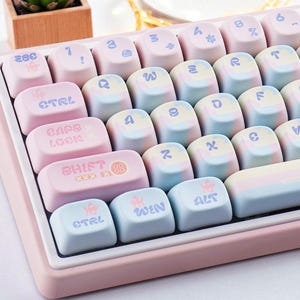 May include: A pastel-colored mechanical keyboard with a pink frame. The keycaps are a mix of light pink, blue, and yellow, with symbols and text like "CTRL", "SHIFT", and "WIN". The keyboard has a minimalist design.