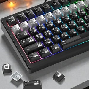 May include: A black mechanical keyboard with white and black keycaps. The keyboard has a variety of function keys, including Shift, Control, and Alt. The keys are backlit with a rainbow of colors. Several keycaps are removed, showing the switches.