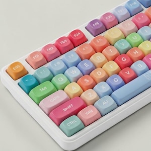 May include: A mechanical keyboard featuring a white frame and multi-colored pastel keycaps in shades of pink, blue, green, yellow, orange, and purple. The keys display white lettering including standard QWERTY layout, function keys F01 through F08, and a bear icon on the spacebar.