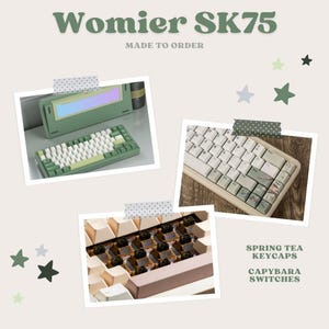 May include: A collage of images showcasing a Womier SK75 keyboard. The keyboard is green with white and yellow keycaps. The image also shows close-ups of the keycaps and switches. Text on the image reads "Spring Tea Keycaps" and "Capybara Switches."