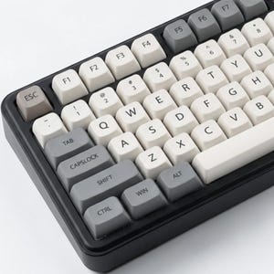 May include: Close-up of a mechanical keyboard with a black frame and light gray and white keycaps. The keys include letters, numbers, and function keys. The keyboard is designed for typing and computer use.