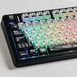 May include: A black mechanical keyboard featuring white keycaps with custom black graphic illustrations and lettering. The keys include standard QWERTY layout characters, function keys, and modifier keys like ESC, TAB, SHIFT, CTRL, WIN, and ALT.