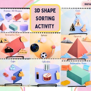 Op de afbeelding: Een printbare 3D-vorm sorteeractiviteit voor kinderen. De kleurrijke kaarten tonen verschillende 3D-vormen, waaronder een kegel, een bol, een piramide, een kubus, een cilinder en een rechthoekig prisma. Elke kaart heeft een titel en verschillende afbeeldingen van objecten die de vorm voorstellen.