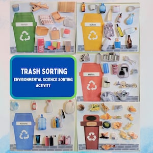 Könnte beinhalten: Ein farbenfrohes Lernspiel für Kinder zum Thema Mülltrennung. Die Karte ist in fünf Abschnitte unterteilt, jeder mit einem anderen Mülleimer: Papier, Glas, Metall, Plastik und Kompost. Jeder Abschnitt zeigt ein Bild des Mülleimers und eine Liste der Gegenstände, die in diesen gehören.