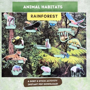 May include: A colorful printable rainforest animal habitat activity for kids. The printable features a variety of rainforest animals, including a toucan, a sloth, a jaguar, a snake, a frog, a chameleon, a monkey, a butterfly, and a tapir. The printable also includes the text "RAINFOREST" and "A SORT & STICK ACTIVITY INSTANT PDF DOWNLOAD!"