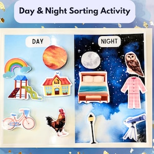 May include: A colorful educational activity for kids to sort day and night images. The images include a rainbow, playground, schoolhouse, rooster, sun, bicycle, bed, owl, pajamas, moon, and telescope.