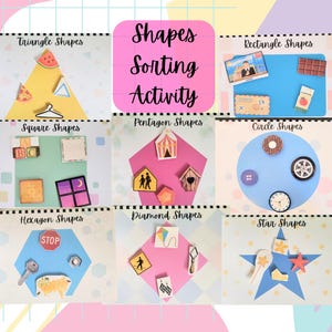 May include: A colorful educational activity for sorting shapes. The activity includes a variety of shapes, including triangles, squares, pentagons, circles, hexagons, diamonds, and stars. Each shape is represented by a different color and pattern.