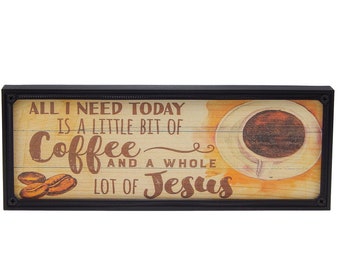 A Little Bit Of Coffee And A Whole Lot Of Jesus Rustic Farmhouse Sign Shelf Sitter-Printed Image Installed in 8"x3"x5/8" Black Plastic Frame