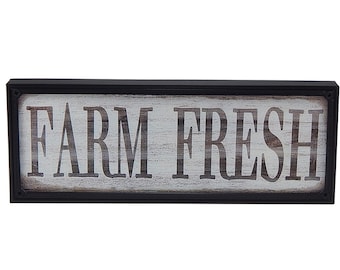 Farm Fresh Rustic Farmhouse Kitchen Sign Shelf Sitter With Wood Background - Printed Image Installed in 8"x3"x5/8" Black Plastic Frame