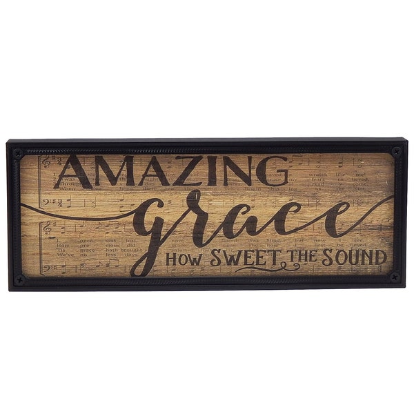 Amazing Grace Christian Religious Hymn Rustic Farmhouse Sign Shelf Sitter - Printed Image Installed in 8"x3"x5/8" Black Plastic Frame