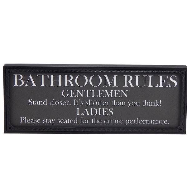 Bathroom Rules Funny Toilet Restroom Washroom Sign Shelf Sitter - Printed Image Installed in 8"x3"x5/8" Black Plastic Frame