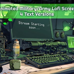 May include: A green and black computer screen with the text "Stream Starting soon..." on it. The screen is surrounded by various military-themed objects, including a rifle, a scope, and a grenade. The scene is set in a dimly lit room with a green and black color scheme.