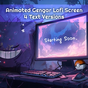 May include: A purple Gengar Pokemon character is sleeping on a desk with a computer monitor displaying the text "Starting Soon." The monitor is surrounded by a keyboard, a mouse, a cup, and three Pokeballs.