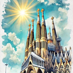 Basílica de la Sagrada Família Digital Art Print, Colorful Wall Decor, Barcelona Artwork, Home Decoration & Gift Idea