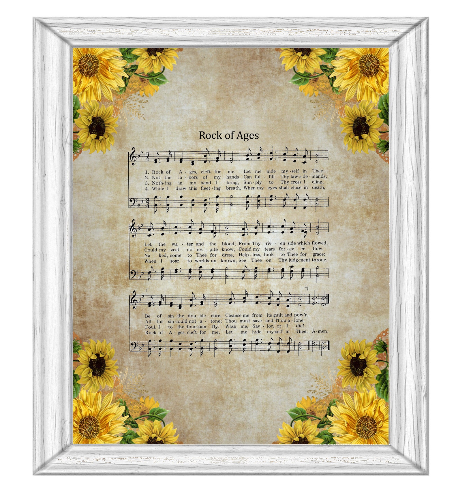 Rock of Ages Christian Hymn Printable Lyrics Digital Download Sunflower Design Home Decor Great ...