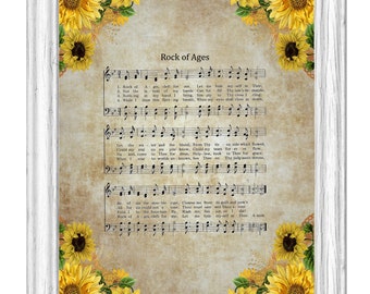 Rock of Ages Christian Hymn Printable Lyrics  Digital Download Sunflower Design Home Decor Great Gift