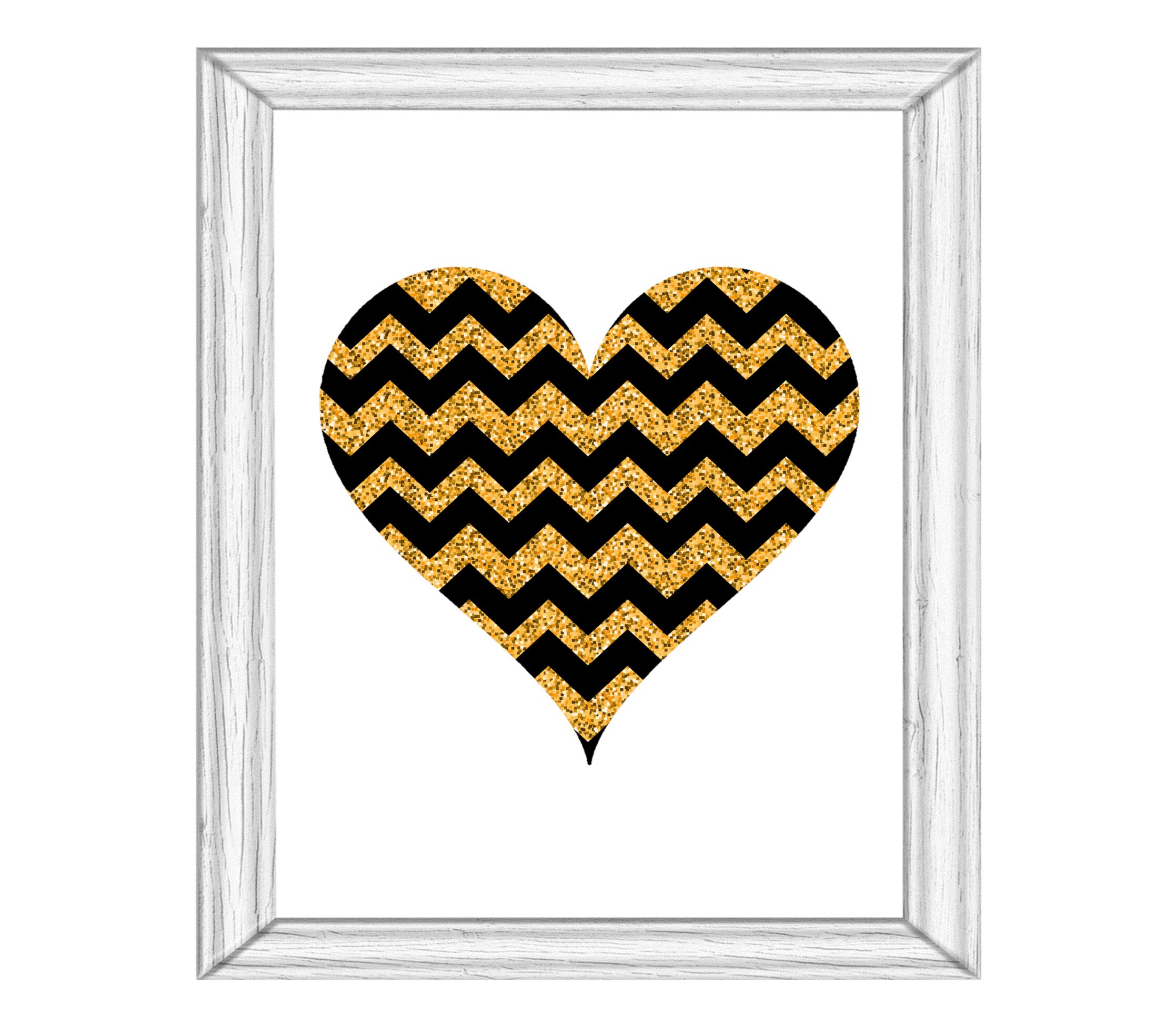 Black and Gold Chevron Heart Print Wall Art Digital Download Printable