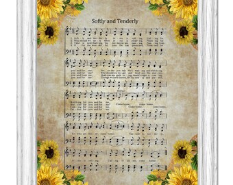 Softly and  Tenderly Christian Hymn Printable Lyrics  Digital Download Sunflower Design Home Decor Great Gift