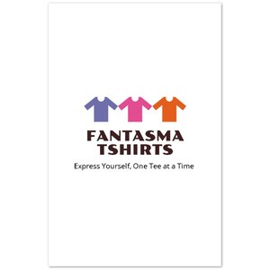 May include: A logo for a company called "Fantasma Tshirts" featuring three stylized t-shirts in blue, pink, and orange. The text below the t-shirts reads "Fantasma Tshirts" and "Express Yourself, One Tee at a Time."