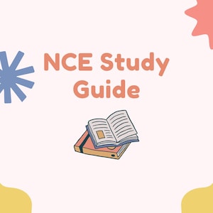 以下が含まれることがあります： 青とピンクの星形のデザインが施された白い背景。テキスト「NCE Study Guide」はオレンジ色。赤い表紙の閉じた本と青い表紙の開いた本が画像の中央にあります。