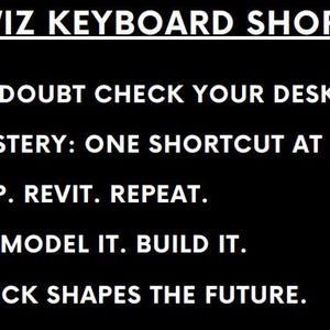 May include: Black and white text on a black background with the words "REVITWIZ KEYBOARD SHORTCUTS" at the top. The text below reads "WHEN IN DOUBT CHECK YOUR DESK PAD OUT. REVIT MASTERY: ONE SHORTCUT AT A TIME. EAT. SLEEP. REVIT. REPEAT. THINK IT. MODEL IT. BUILD IT. EVERY CLICK SHAPES THE FUTURE."