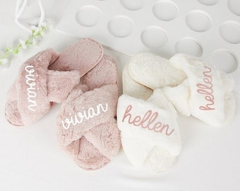 Personalized Bridesmaid Slippers,Wedding Fluffy Slippers,Custom Bride Slippers,Bridal Shower Gift,Bachelorette Party Slippers,Womens Slipper