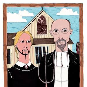 May include: A framed illustration depicting a man and a woman in front of a house. The man holds a pitchfork. The woman wears a black dress with a white collar. The background features a blue sky with clouds and a house.