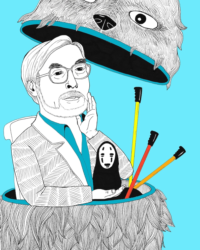 K&ouml;nnte beinhalten: Eine Schwarzwei&szlig;illustration eines Mannes mit Bart und Brille, der in einer flauschigen, grauen wolkenartigen Kreatur sitzt. Die Kreatur hat ein gro&szlig;es, schwarzes Auge und einen blauen Rand. Der Mann h&auml;lt eine kleine, schwarze, gesichtslose Figur mit einem wei&szlig;en, kreisf&ouml;rmigen Gesicht.