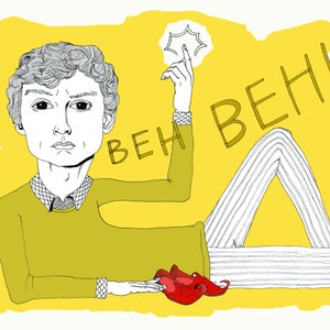 May include: A cartoon illustration of a person with curly hair wearing a yellow sweater and striped pants. The person is pointing up with their right hand and the word "BEH!" is written in large letters above them.
