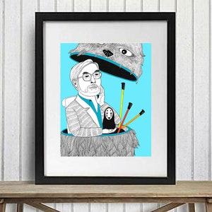 K&ouml;nnte beinhalten: Eine Schwarzwei&szlig;illustration eines Mannes mit Brille, der in einem No Face-Charakter aus dem Film Chihiros Reise ins Zauberland sitzt. Der Hintergrund ist hellblau.