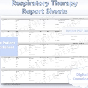Puede incluir: Cinco hojas de informe de pacientes imprimibles para terapia respiratoria. Las hojas son en blanco y negro con líneas grises y encabezados. El texto en las hojas incluye "Respiratory Therapy Report Sheets", "Five Patient Worksheet", "Isolation", "Code Status", "O2 Therapy", y "Plan Notes".