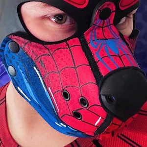 Peut inclure: Une cagoule en tissu rouge et bleu avec un motif de toile d'araign&eacute;e noire et un graphique d'araign&eacute;e bleue. La cagoule comprend un embout nasal noir, des ouvertures pour les yeux noires et des &oelig;illets m&eacute;talliques noirs sur les c&ocirc;t&eacute;s.