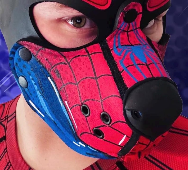 Peut inclure: Une cagoule en tissu rouge et bleu avec un motif de toile d'araign&eacute;e noire et un graphique d'araign&eacute;e bleue. La cagoule comprend un embout nasal noir, des ouvertures pour les yeux noires et des &oelig;illets m&eacute;talliques noirs sur les c&ocirc;t&eacute;s.