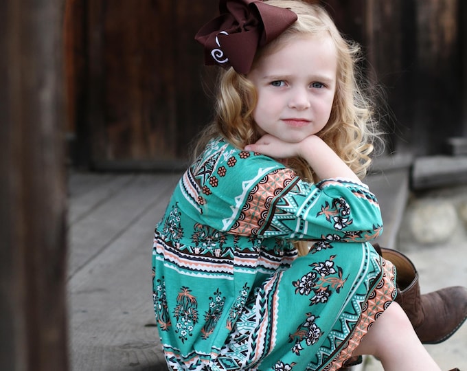 Featured listing image: Girls Boho Teal Knit Dress, Girls Flowing Dress, Teal Green Paisley Twirl Skirt Dress
