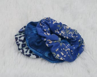 Scrunchie Hair Ties, Blue Floral Hair Accessories Spa Day Scrunchie in Multiple Colors Gift for Her Comfy Party Favor