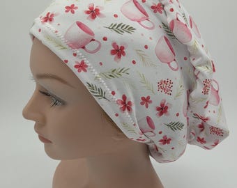 Christmas Pink Floral Coffee Scrub Hat: Euro Style Nurse Hat