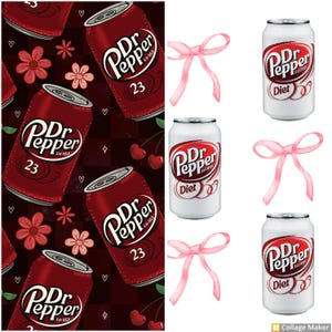 Puede incluir: Un collage con latas de refresco Dr. Pepper y lazos rosas. Las latas son rojas con el logotipo de Dr. Pepper y el número 23. También se muestran latas de Diet Dr. Pepper. El fondo es un patrón rojo oscuro con flores y corazones.