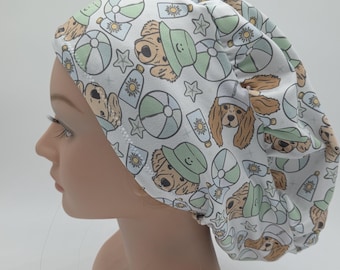 Summertime Dogs and Puppies Beach Ball and Hat Scrub Hat: Puppy Paws and Dog in Various Styles