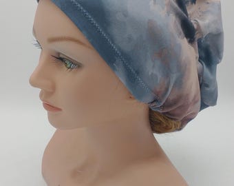 Scrub Hat Blue Euro Slouchy Scrub Cap for Nurse Doctor, Slate Blue Cloud Stretchy Ponytail Scrub Hat