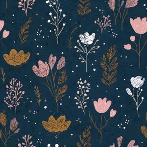 May include: A seamless pattern featuring hand-drawn botanical illustrations on a dark navy blue background. The design includes various flowers, leaves, and sprigs in shades of soft pink, white, and muted gold, accented by small white dots.